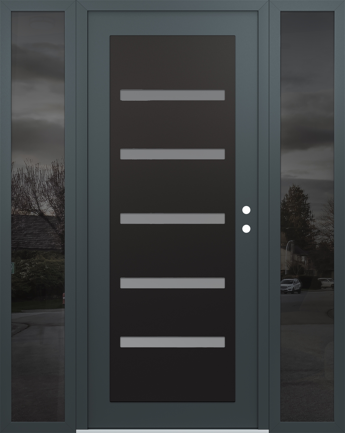 Modern Steel Front Door Diamond C7 68" x 80" anthracite/anthracite frosted Glass Panel black LHI with 2 Sidelites mirrored Glass