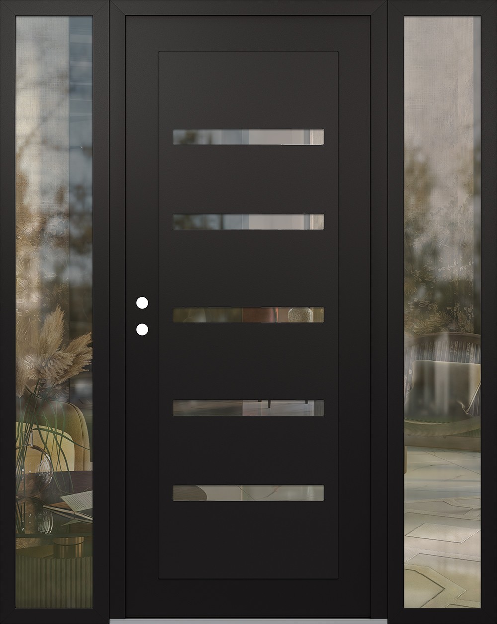Modern Steel Front Door Diamond C7 68" x 80" black/black clear Glass Panel black RHI with 2 Sidelites clear Glass