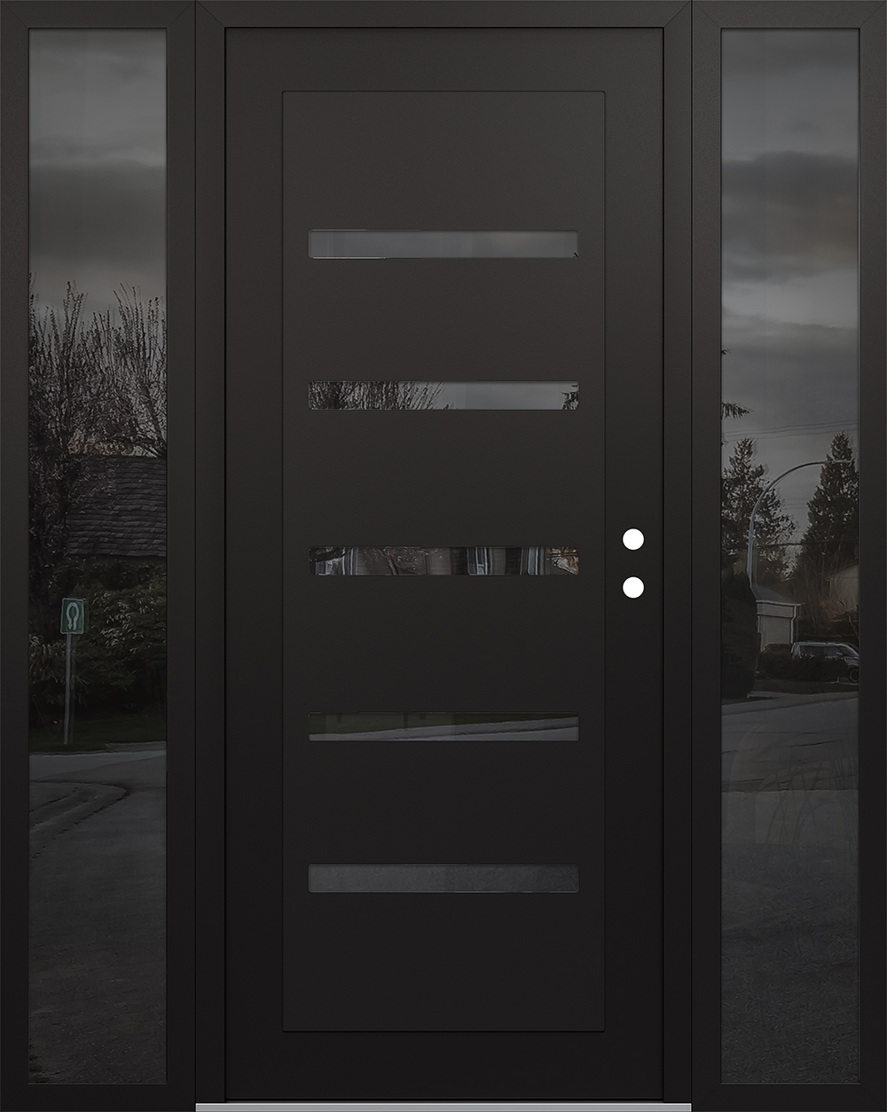 Modern Steel Front Door Diamond C7 68" x 80" black/black mirrored Glass Panel black LHI with 2 Sidelites mirrored Glass