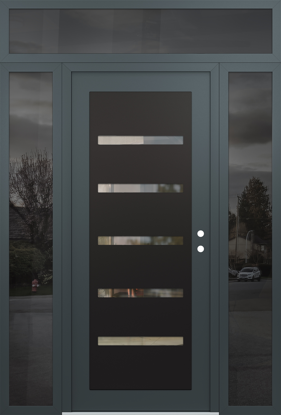 Modern Steel Front Door Diamond C7 68" x 96" anthracite/anthracite clear Glass Panel black LHI with 2 Sidelites and Transom mirrored Glass