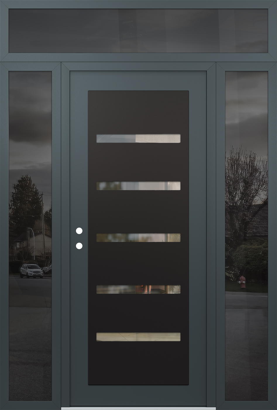 Modern Steel Front Door Diamond C7 68" x 96" anthracite/anthracite clear Glass Panel black RHI with 2 Sidelites and Transom mirrored Glass