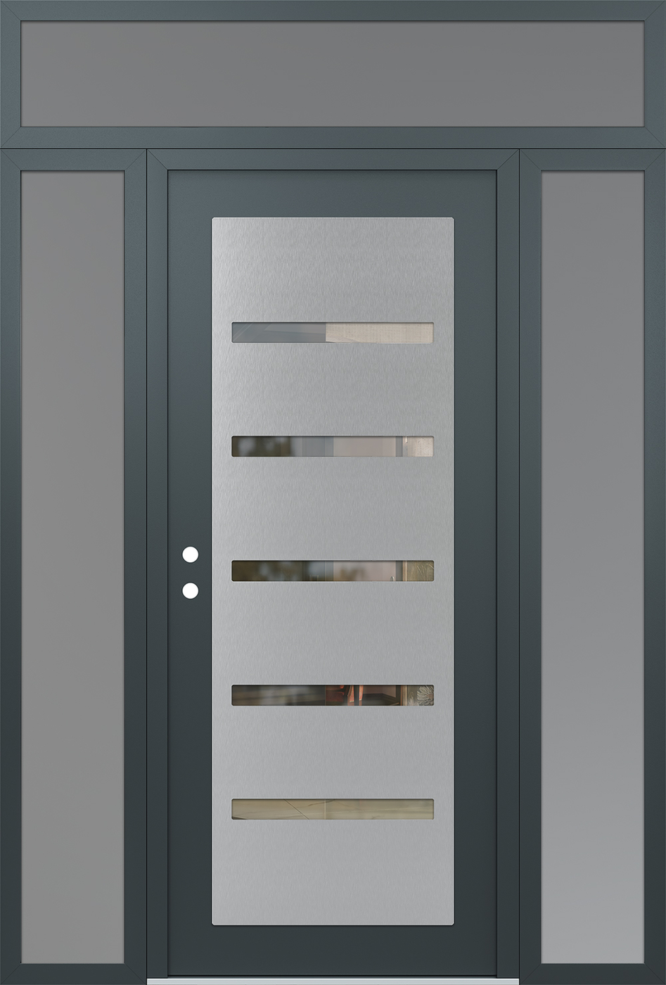 Modern Steel Front Door Diamond C7 68" x 96" anthracite/anthracite clear Glass Panel stainless steel RHI with 2 Sidelites and Transom frosted Glass