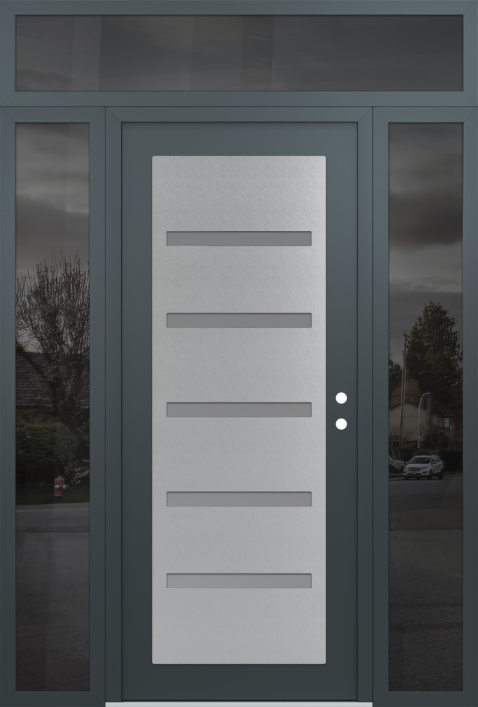 Modern Steel Front Door Diamond C7 68" x 96" anthracite/anthracite frosted Glass Panel stainless steel LHI with 2 Sidelites and Transom mirrored Glass