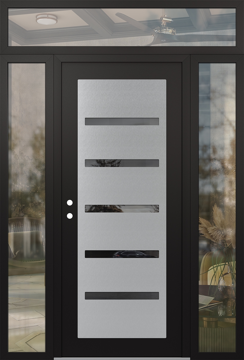 Modern Steel Front Door Diamond C7 68" x 96" black/black mirrored Glass Panel stainless steel RHI with 2 Sidelites and Transom clear Glass