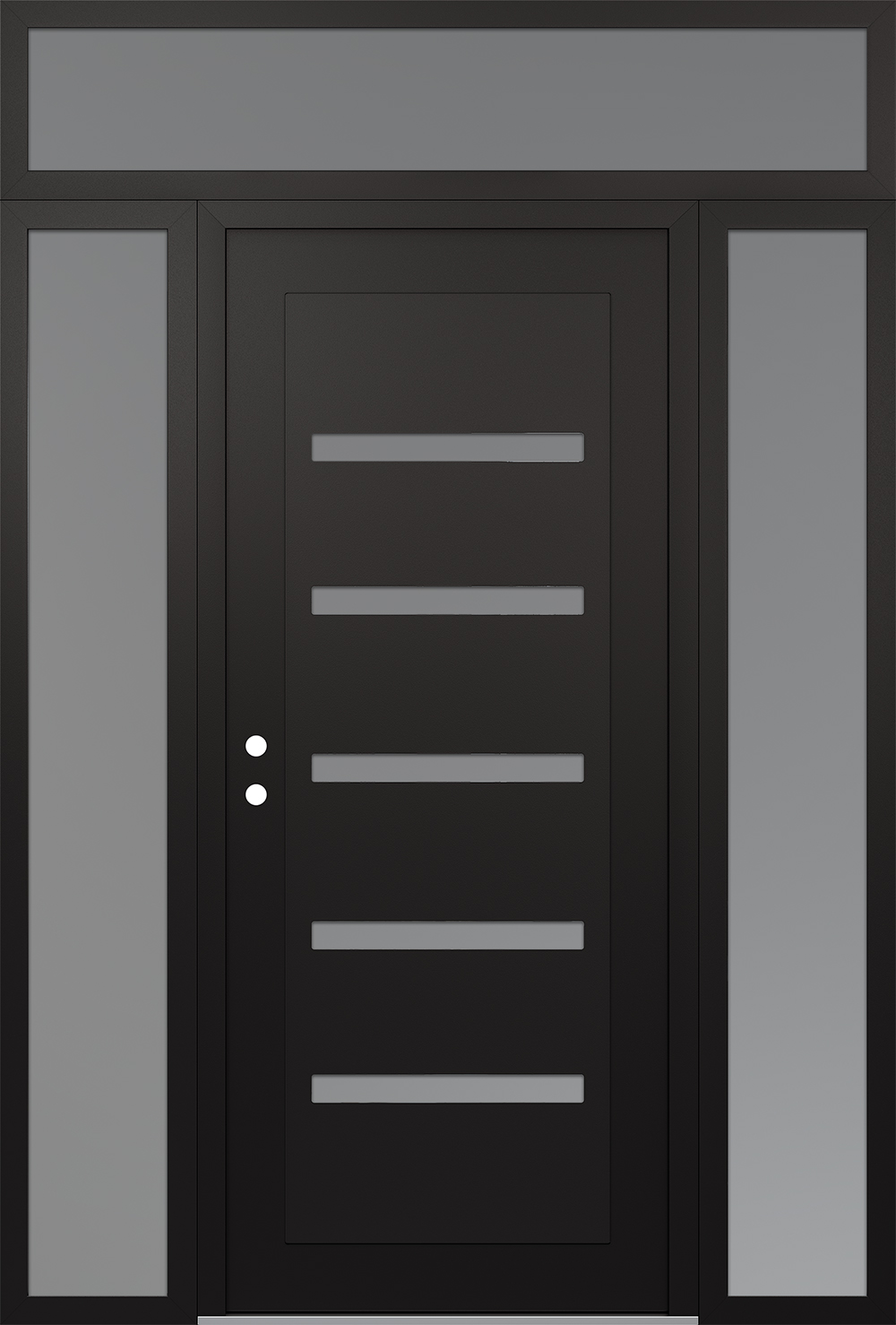 Modern Steel Front Door Diamond C7 68" x 96" black/white frosted Glass Panel black RHI with 2 Sidelites and Transom frosted Glass