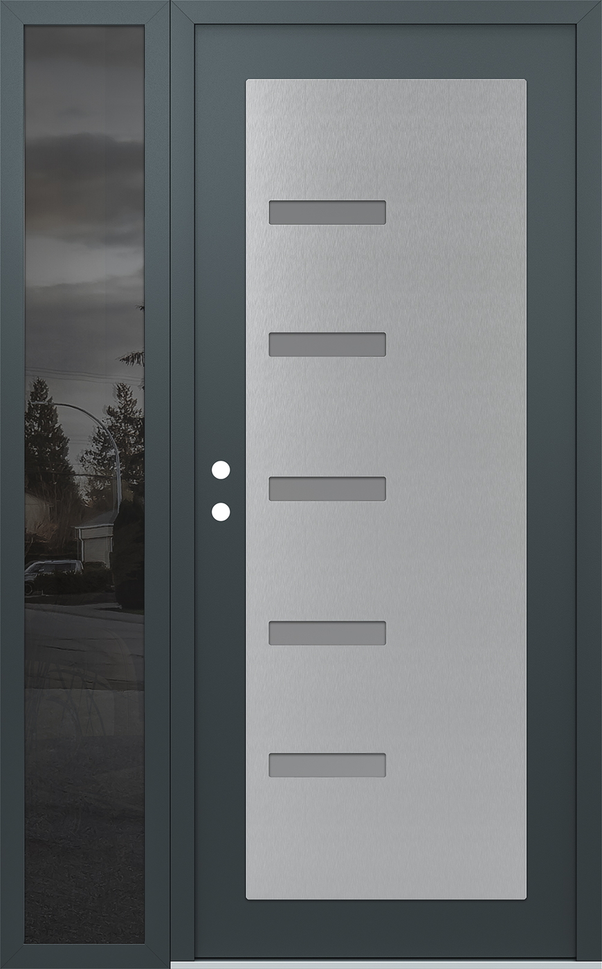 Modern Steel Front Door Diamond C8 48" x 80" anthracite/anthracite frosted Glass Panel stainless steel RHI with Sidelite mirrored Glass
