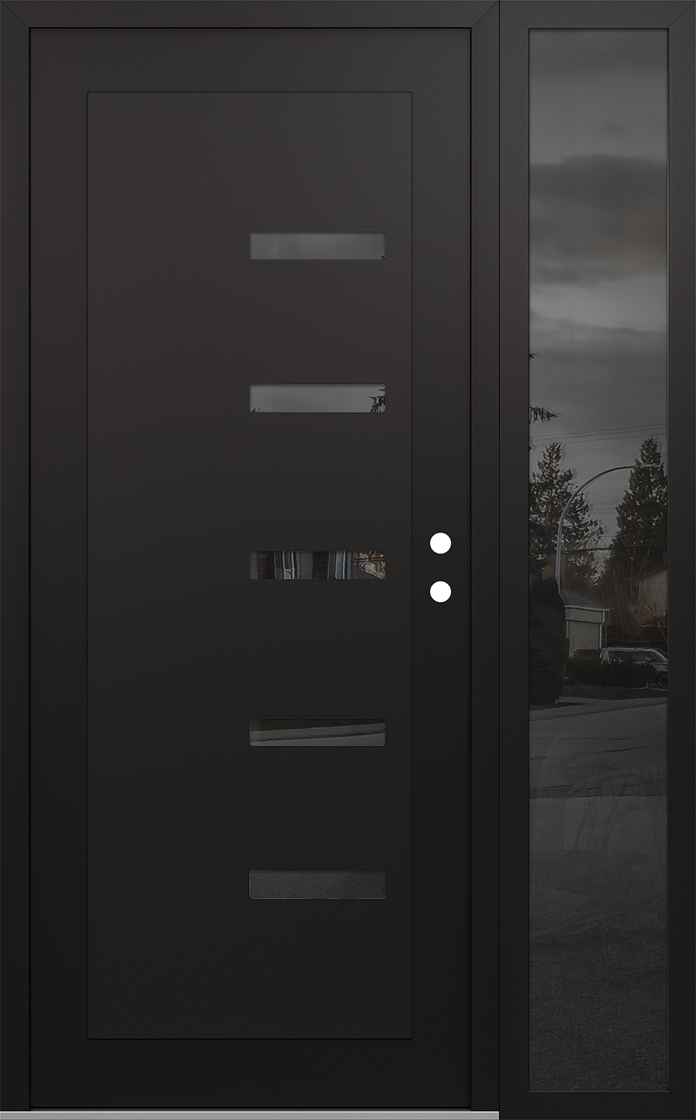 Modern Steel Front Door Diamond C8 48" x 80" black/black mirrored Glass Panel black LHI with Sidelite mirrored Glass