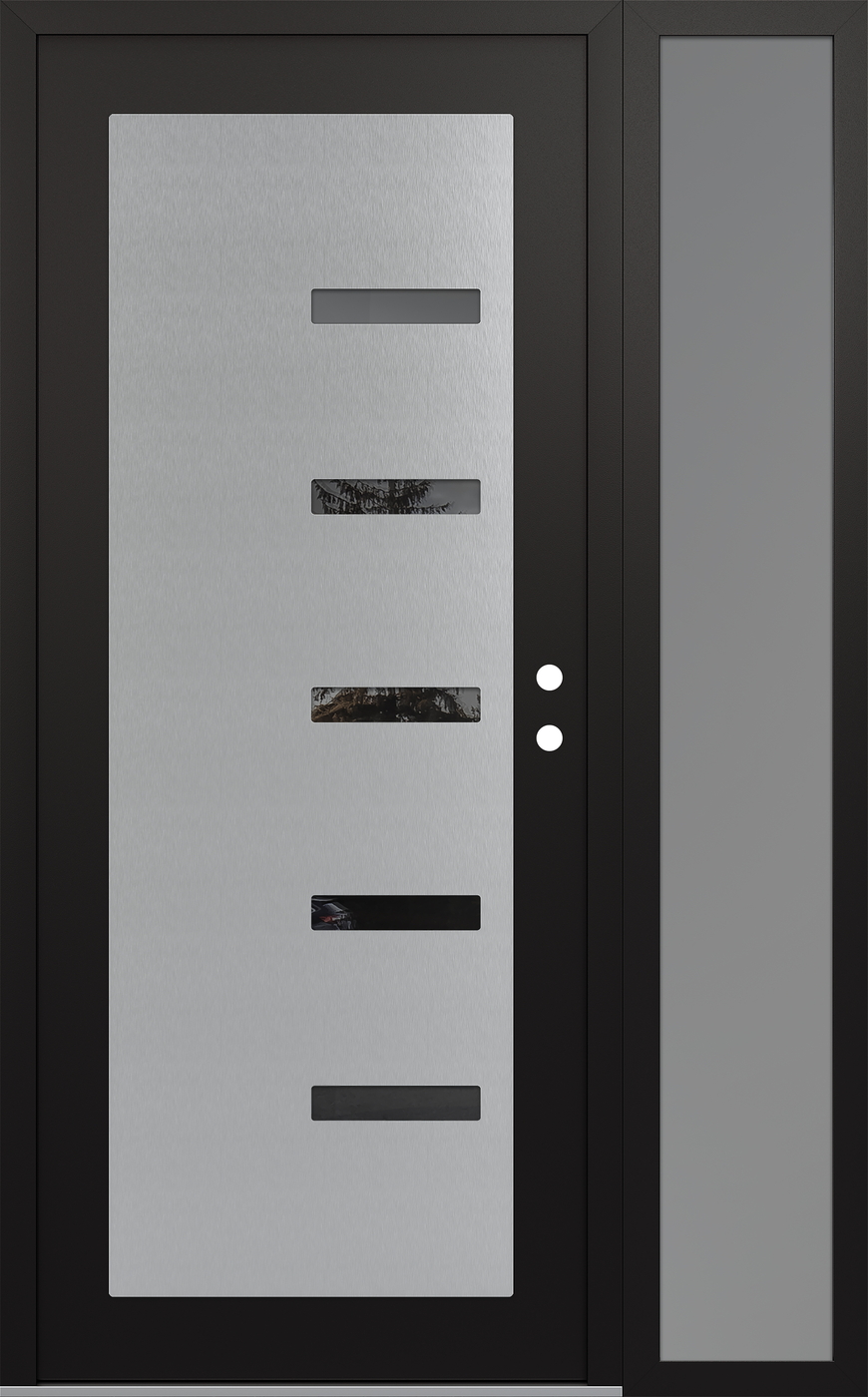 Modern Steel Front Door Diamond C8 48" x 80" black/black mirrored Glass Panel stainless steel LHI with Sidelite frosted Glass