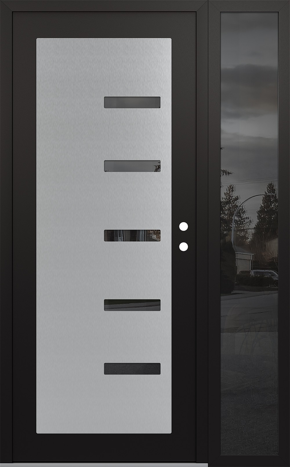 Modern Steel Front Door Diamond C8 48" x 80" black/black mirrored Glass Panel stainless steel LHI with Sidelite mirrored Glass