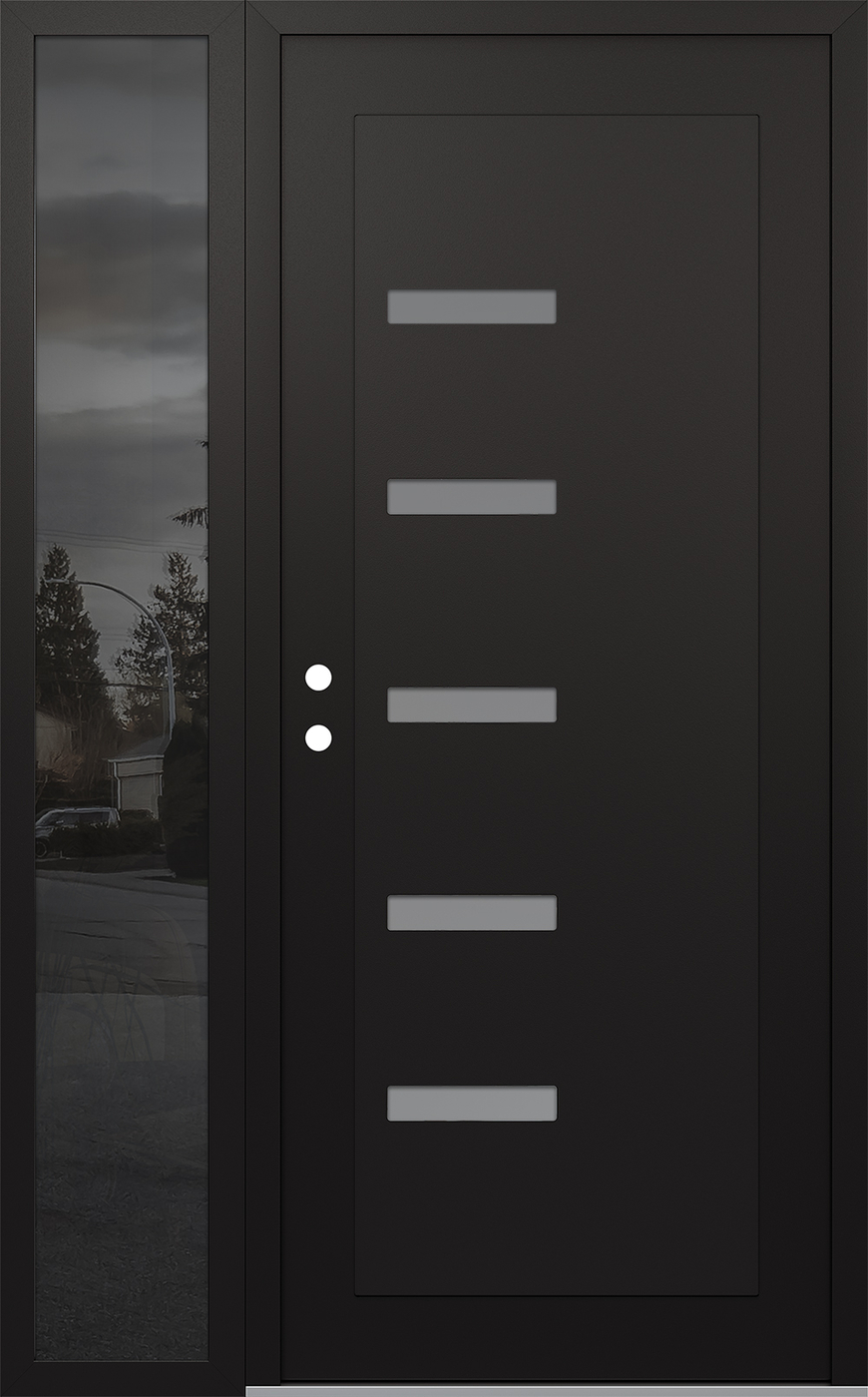 Modern Steel Front Door Diamond C8 48" x 80" black/white frosted Glass Panel black RHI with Sidelite mirrored Glass