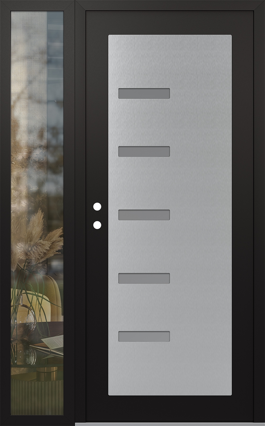 Modern Steel Front Door Diamond C8 48" x 80" black/white frosted Glass Panel stainless steel RHI with Sidelite clear Glass