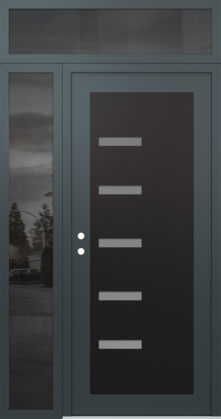 Modern Steel Front Door Diamond C8 48" x 96" anthracite/anthracite frosted Glass Panel black RHI with Sidelite and Transom mirrored Glass
