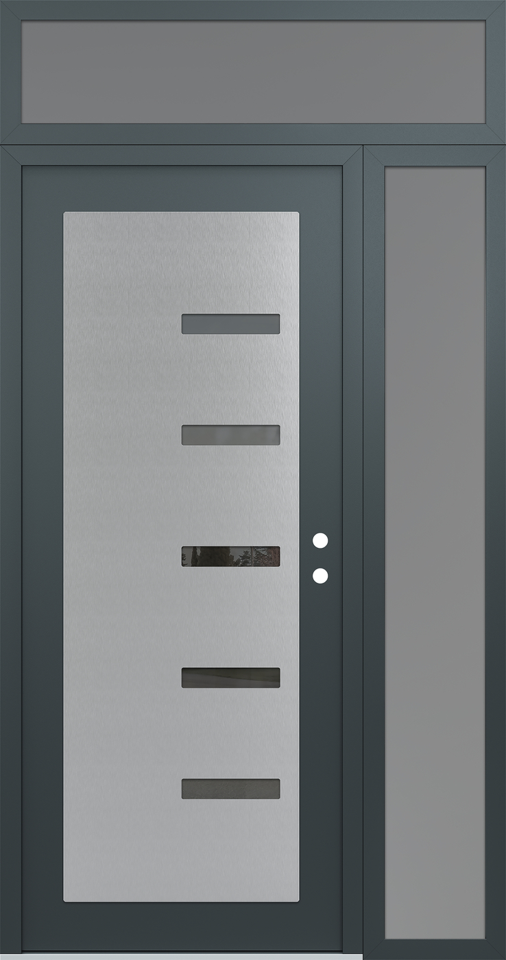 Modern Steel Front Door Diamond C8 48" x 96" anthracite/anthracite mirrored Glass Panel stainless steel LHI with Sidelite and Transom frosted Glass