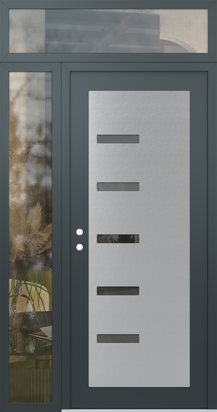 Modern Steel Front Door Diamond C8 48" x 96" anthracite/anthracite mirrored Glass Panel stainless steel RHI with Sidelite and Transom clear Glass