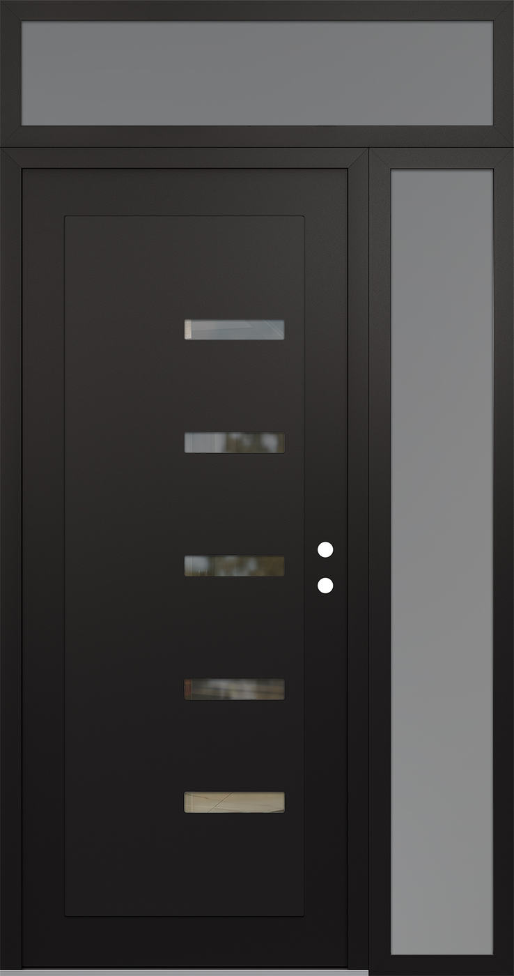 Modern Steel Front Door Diamond C8 48" x 96" black/black clear Glass Panel black LHI with Sidelite and Transom frosted Glass