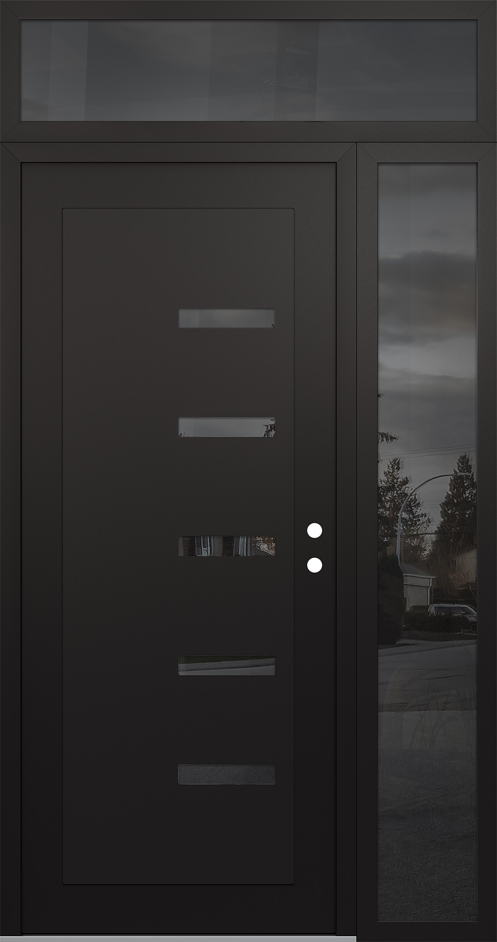 Modern Steel Front Door Diamond C8 48" x 96" black/black mirrored Glass Panel black LHI with Sidelite and Transom mirrored Glass