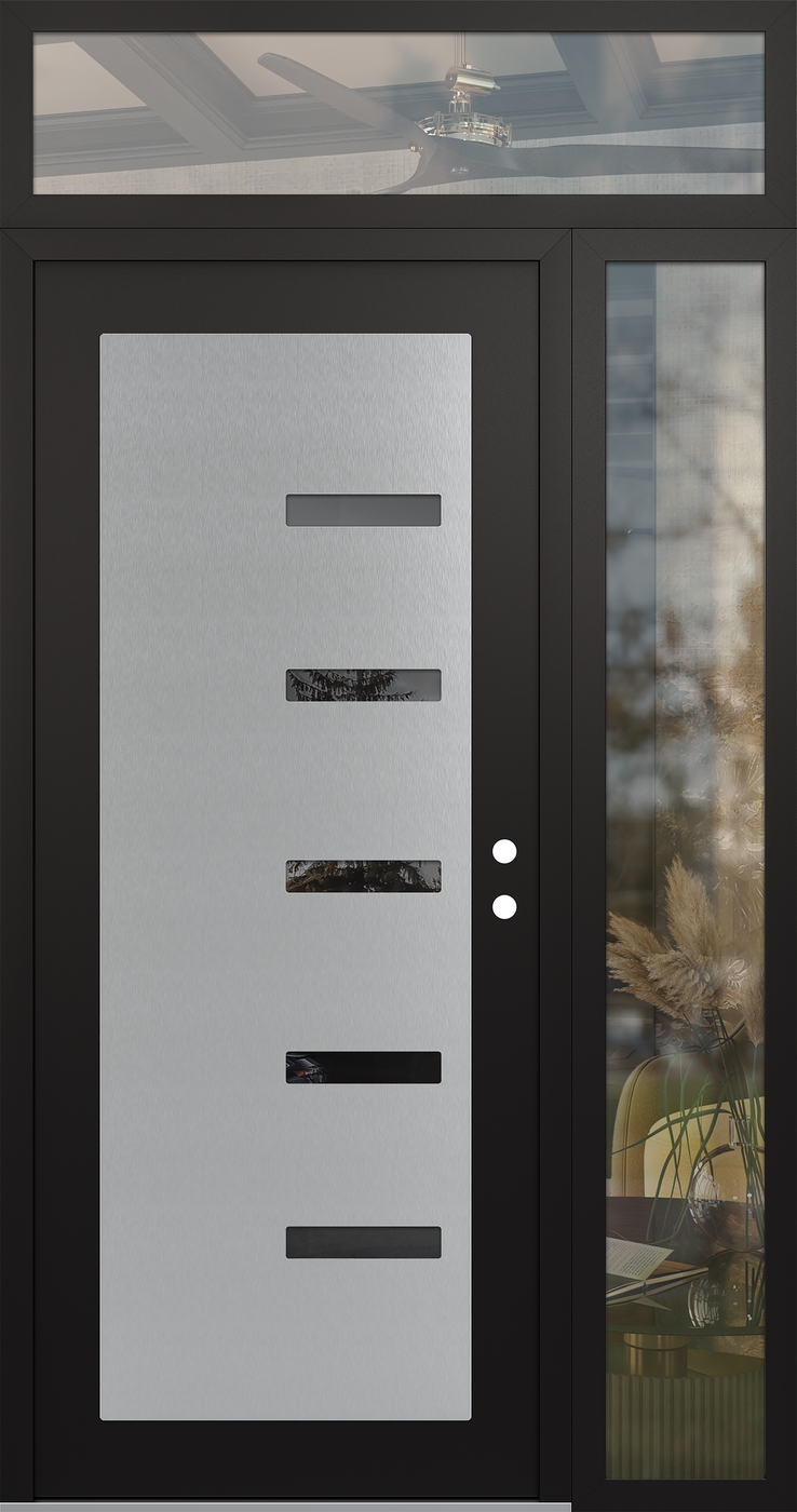 Modern Steel Front Door Diamond C8 48" x 96" black/black mirrored Glass Panel stainless steel LHI with Sidelite and Transom clear Glass