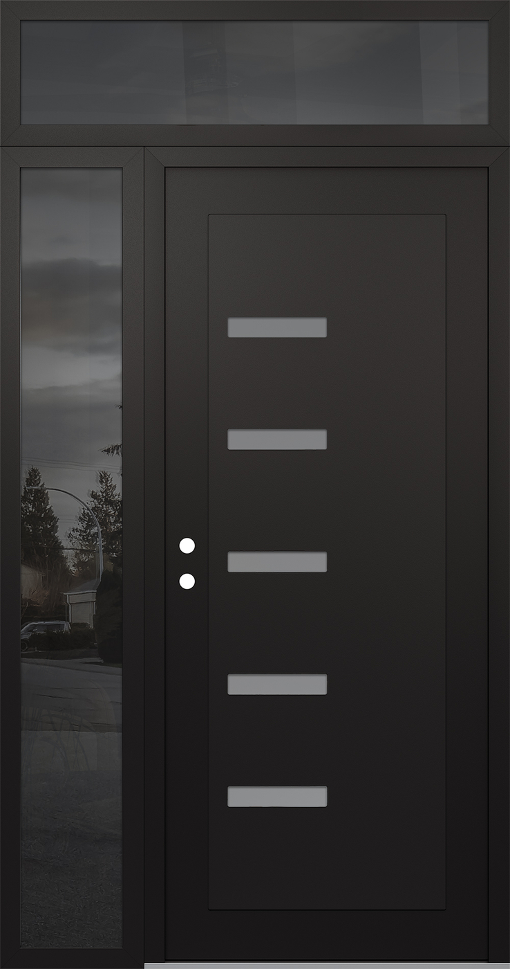 Modern Steel Front Door Diamond C8 48" x 96" black/white frosted Glass Panel black RHI with Sidelite and Transom mirrored Glass