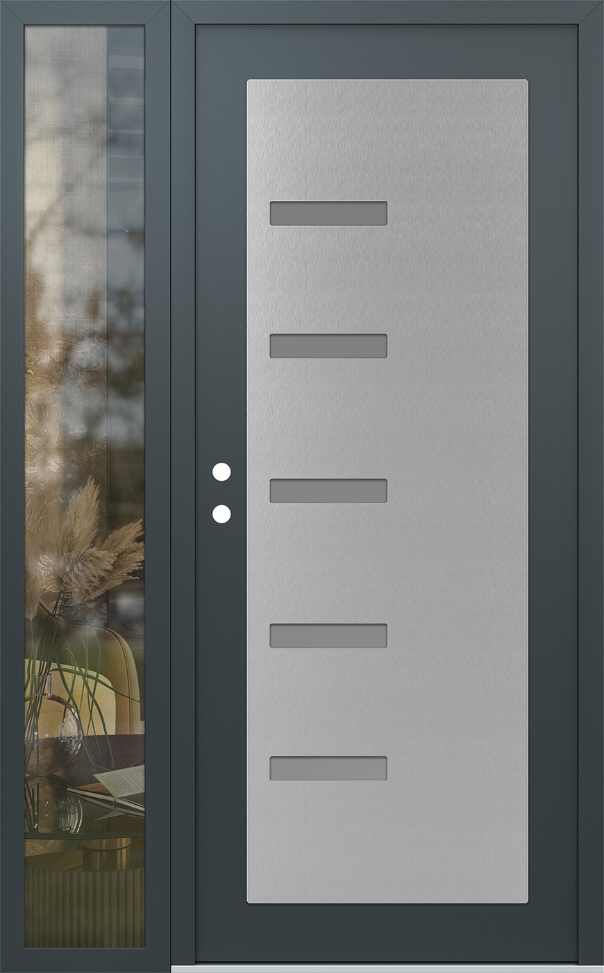 Modern Steel Front Door Diamond C8 50" x 80" anthracite/anthracite frosted Glass Panel stainless steel RHI with Sidelite clear Glass