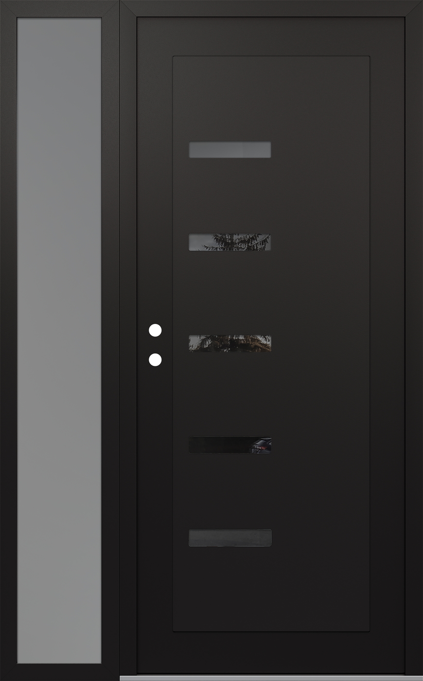 Modern Steel Front Door Diamond C8 50" x 80" black/black mirrored Glass Panel black RHI with Sidelite frosted Glass
