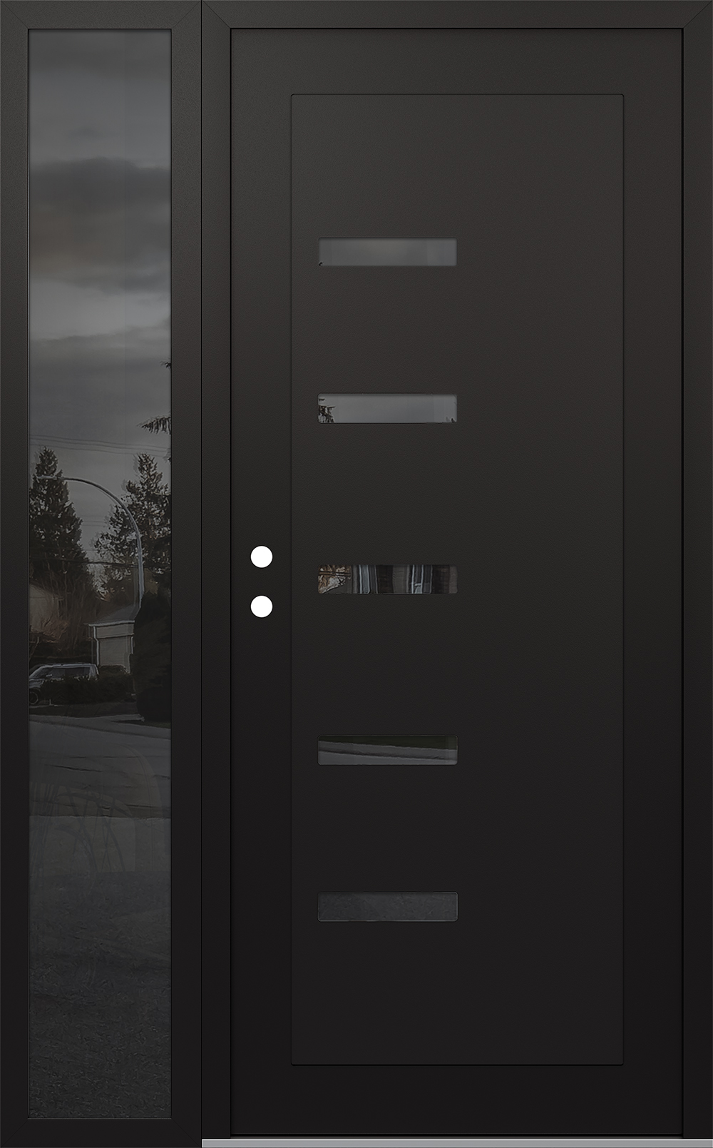 Modern Steel Front Door Diamond C8 50" x 80" black/black mirrored Glass Panel black RHI with Sidelite mirrored Glass