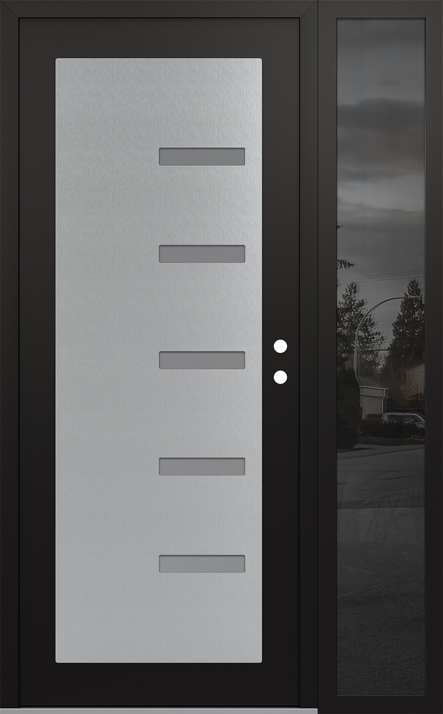 Modern Steel Front Door Diamond C8 50" x 80" black/white frosted Glass Panel stainless steel LHI with Sidelite mirrored Glass