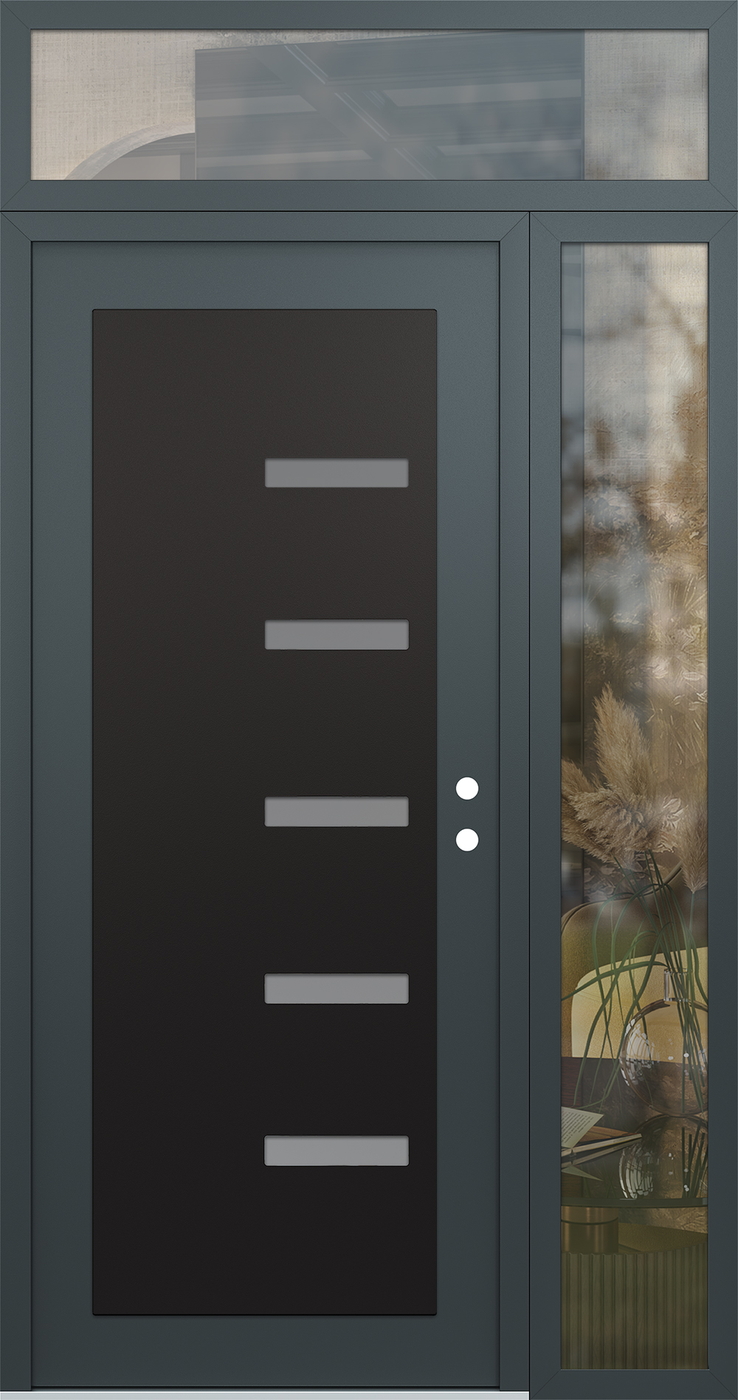 Modern Steel Front Door Diamond C8 50" x 96" anthracite/anthracite frosted Glass Panel black LHI with Sidelite and Transom clear Glass