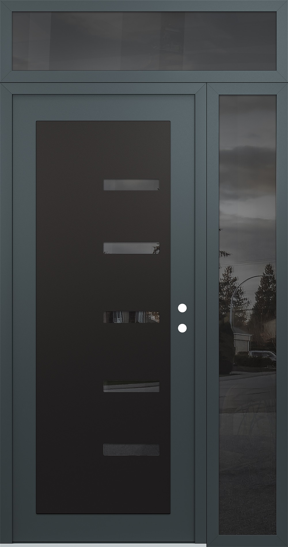 Modern Steel Front Door Diamond C8 50" x 96" anthracite/anthracite mirrored Glass Panel black LHI with Sidelite and Transom mirrored Glass