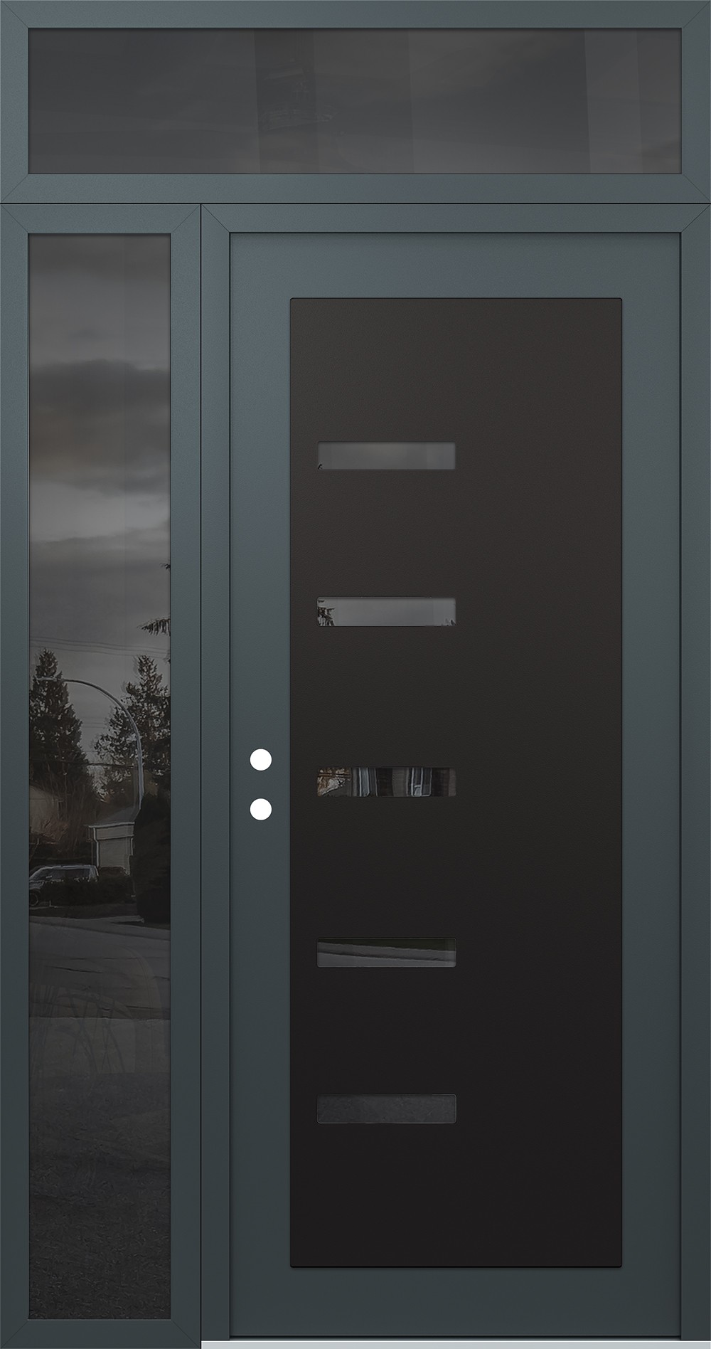 Modern Steel Front Door Diamond C8 50" x 96" anthracite/anthracite mirrored Glass Panel black RHI with Sidelite and Transom mirrored Glass