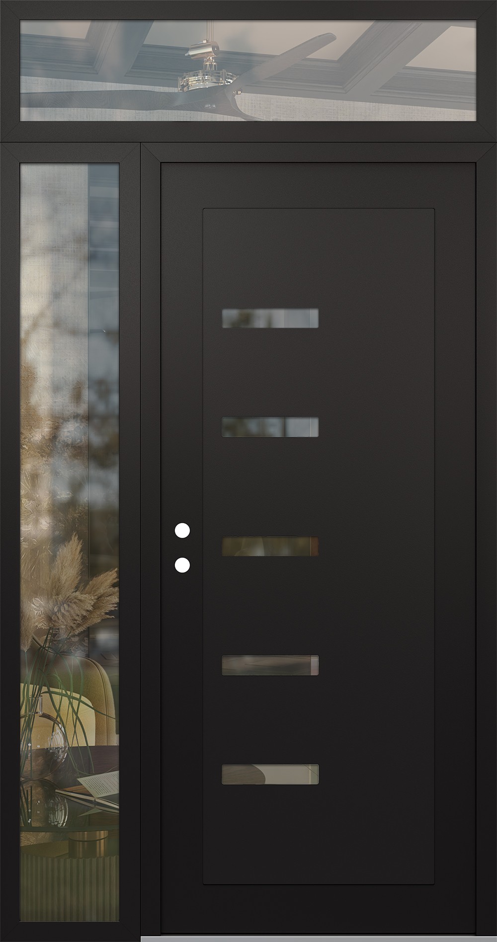 Modern Steel Front Door Diamond C8 50" x 96" black/black clear Glass Panel black RHI with Sidelite and Transom clear Glass