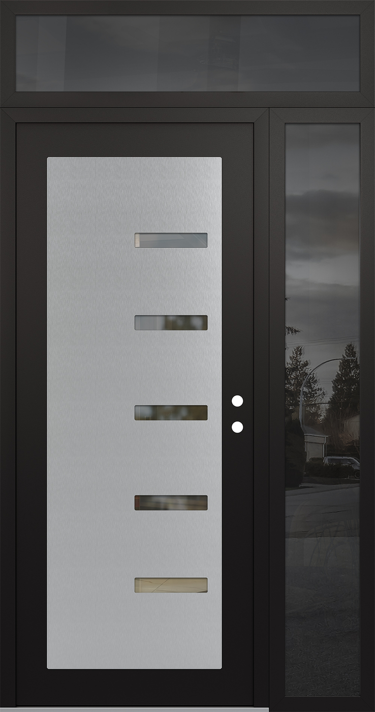 Modern Steel Front Door Diamond C8 50" x 96" black/black clear Glass Panel stainless steel LHI with Sidelite and Transom mirrored Glass
