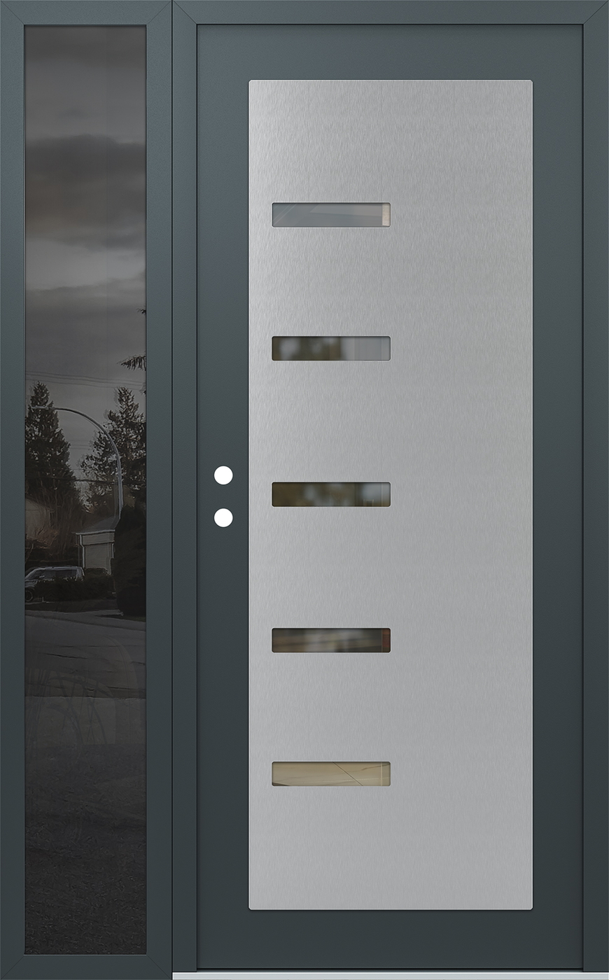 Modern Steel Front Door Diamond C8 52" x 80" anthracite/anthracite clear Glass Panel stainless steel RHI with Sidelite mirrored Glass