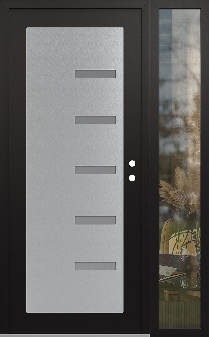 Modern Steel Front Door Diamond C8 52" x 80" black/white frosted Glass Panel stainless steel LHI with Sidelite clear Glass