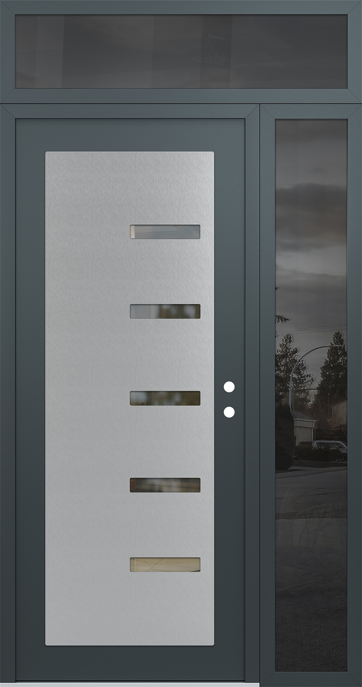 Modern Steel Front Door Diamond C8 52" x 96" anthracite/anthracite clear Glass Panel stainless steel LHI with Sidelite and Transom mirrored Glass