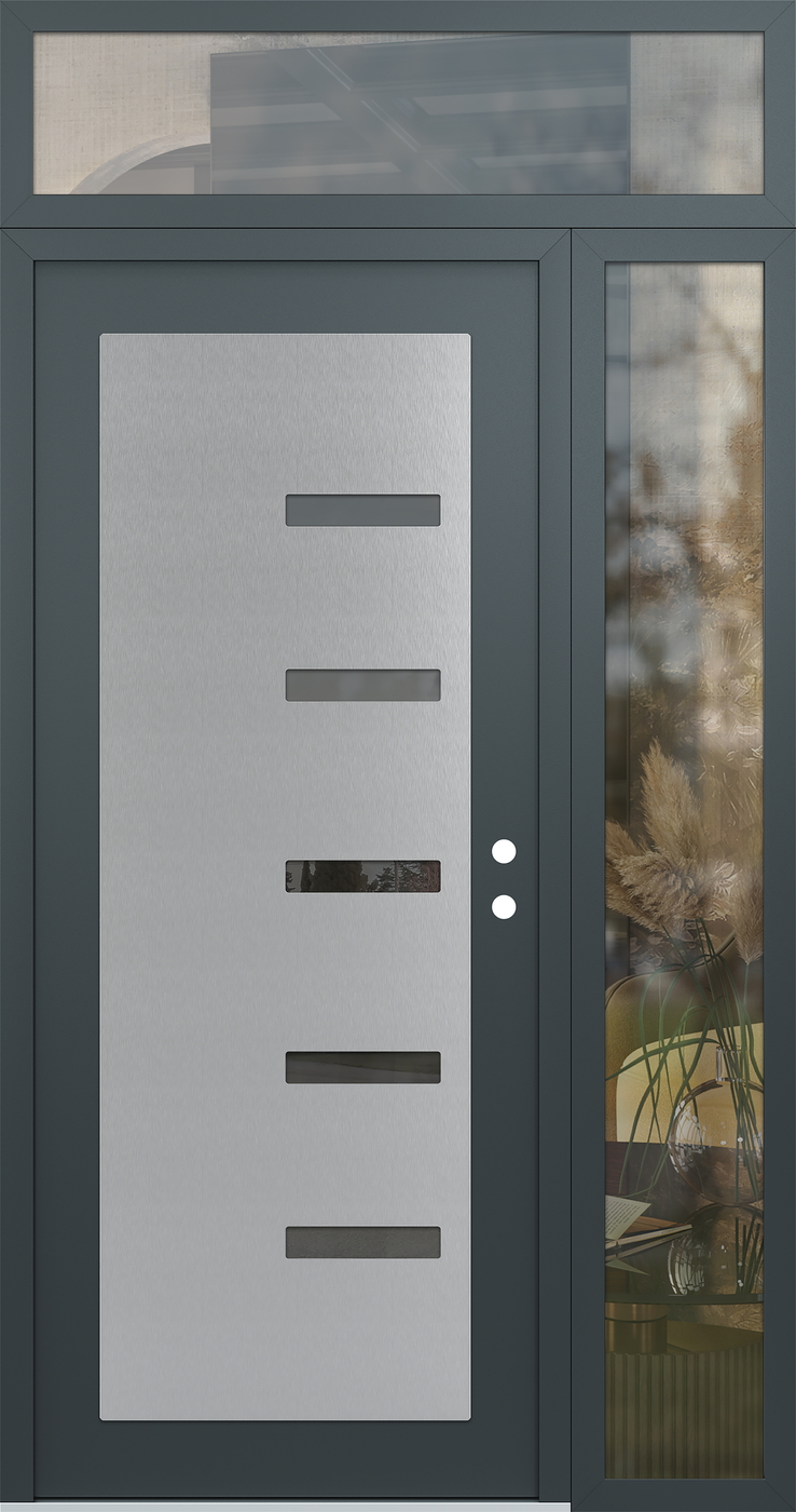Modern Steel Front Door Diamond C8 52" x 96" anthracite/anthracite mirrored Glass Panel stainless steel LHI with Sidelite and Transom clear Glass
