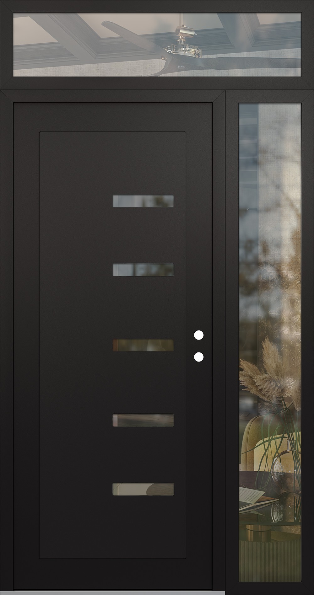 Modern Steel Front Door Diamond C8 52" x 96" black/black clear Glass Panel black LHI with Sidelite and Transom clear Glass