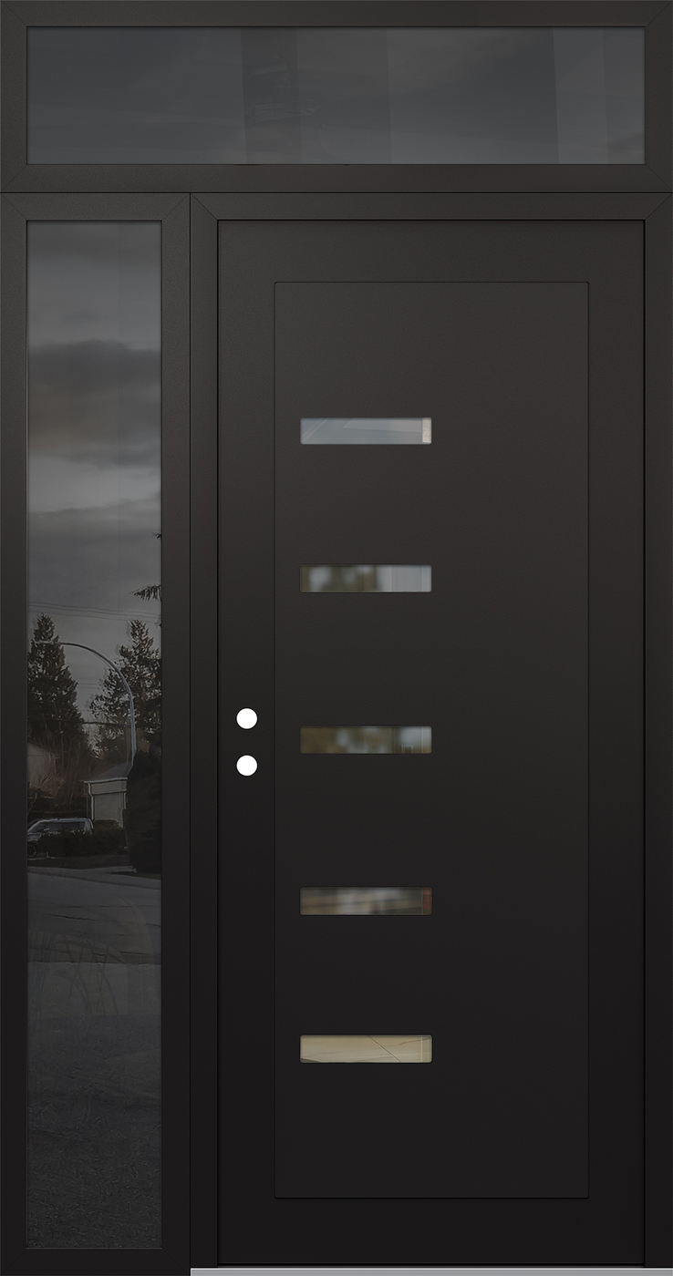 Modern Steel Front Door Diamond C8 52" x 96" black/black clear Glass Panel black RHI with Sidelite and Transom mirrored Glass