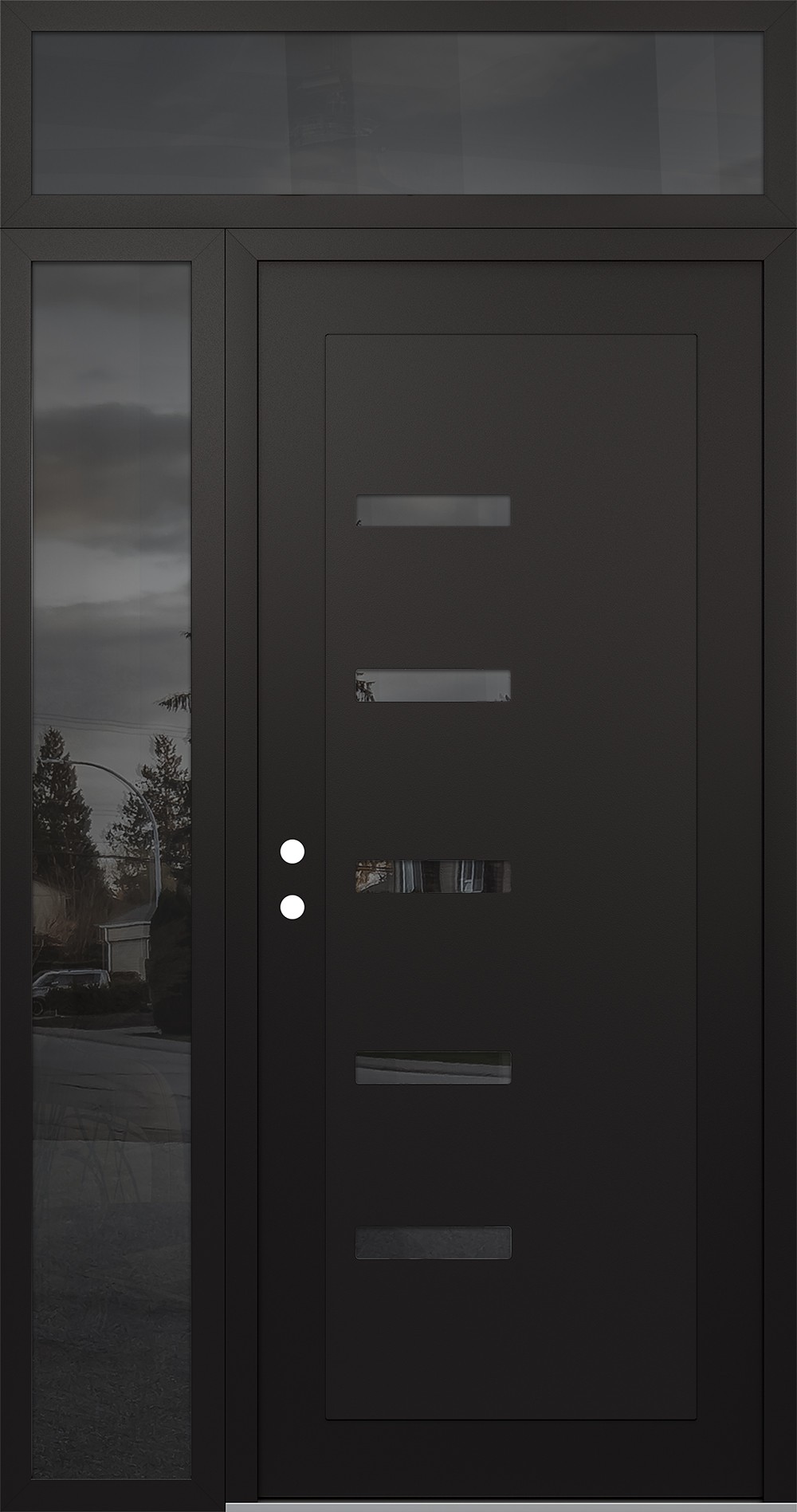 Modern Steel Front Door Diamond C8 52" x 96" black/black mirrored Glass Panel black RHI with Sidelite and Transom mirrored Glass