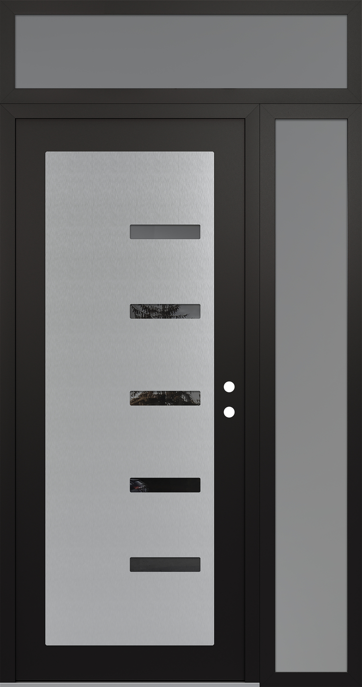 Modern Steel Front Door Diamond C8 52" x 96" black/black mirrored Glass Panel stainless steel LHI with Sidelite and Transom frosted Glass