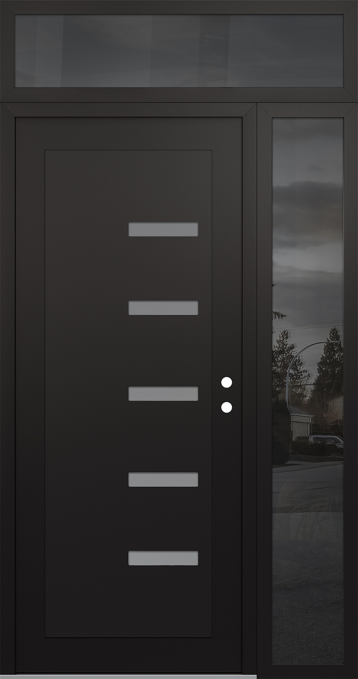 Modern Steel Front Door Diamond C8 52" x 96" black/white frosted Glass Panel black LHI with Sidelite and Transom mirrored Glass