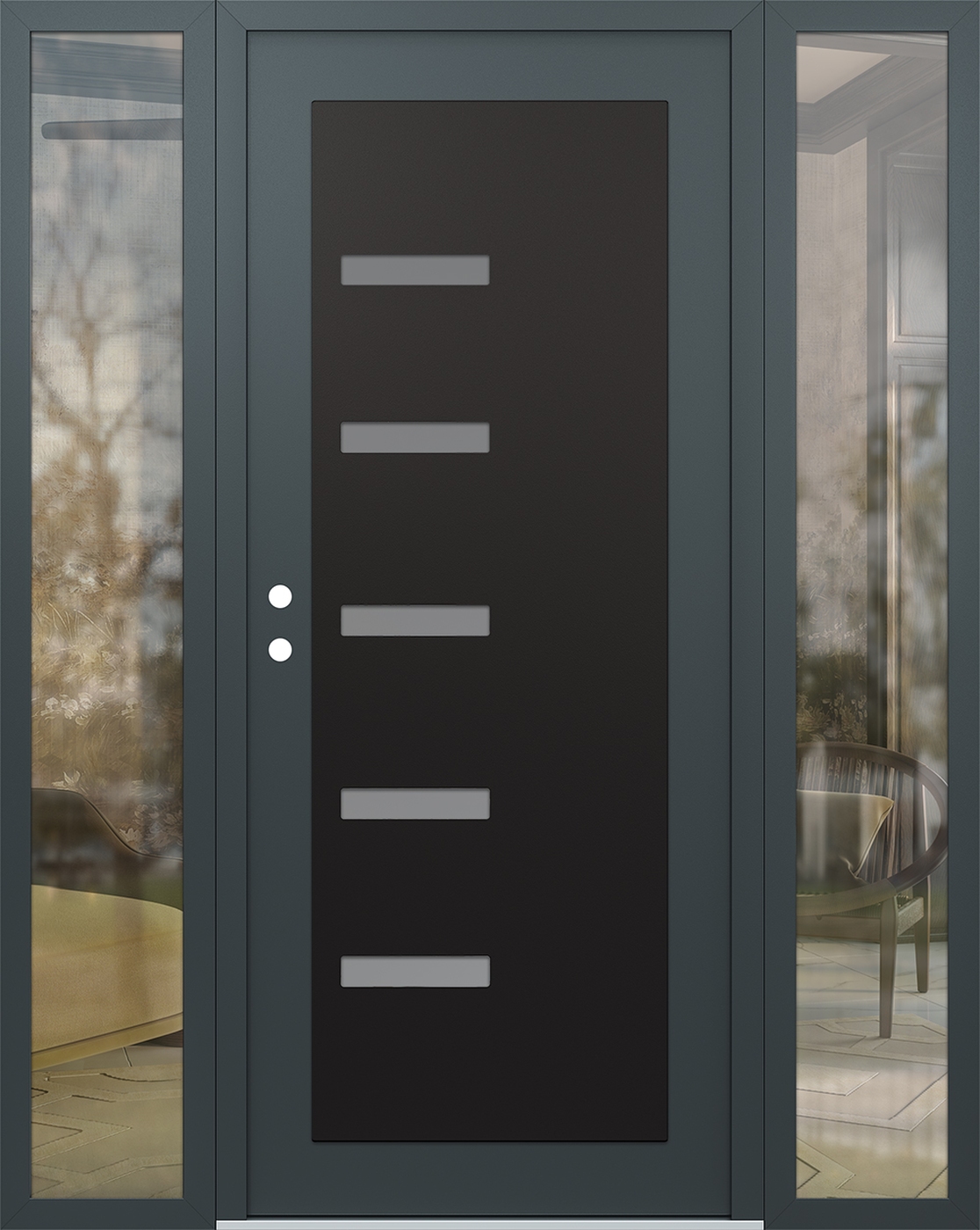 Modern Steel Front Door Diamond C8 60" x 80" anthracite/anthracite frosted Glass Panel black RHI with 2 Sidelites clear Glass