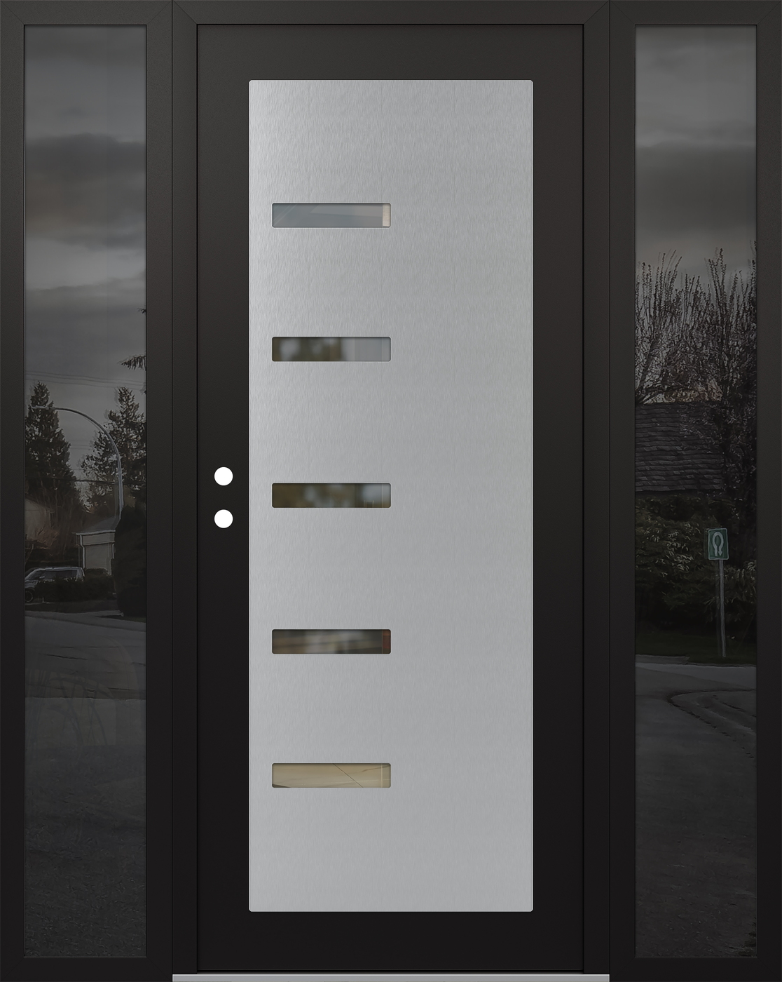 Modern Steel Front Door Diamond C8 60" x 80" black/black clear Glass Panel stainless steel RHI with 2 Sidelites mirrored Glass