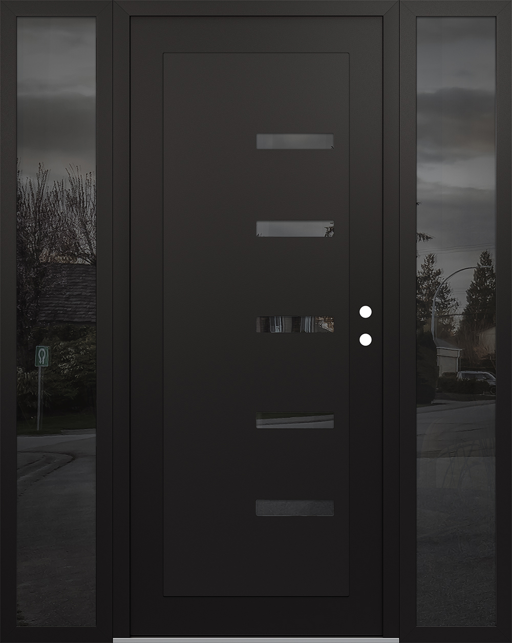 Modern Steel Front Door Diamond C8 60" x 80" black/black mirrored Glass Panel black LHI with 2 Sidelites mirrored Glass