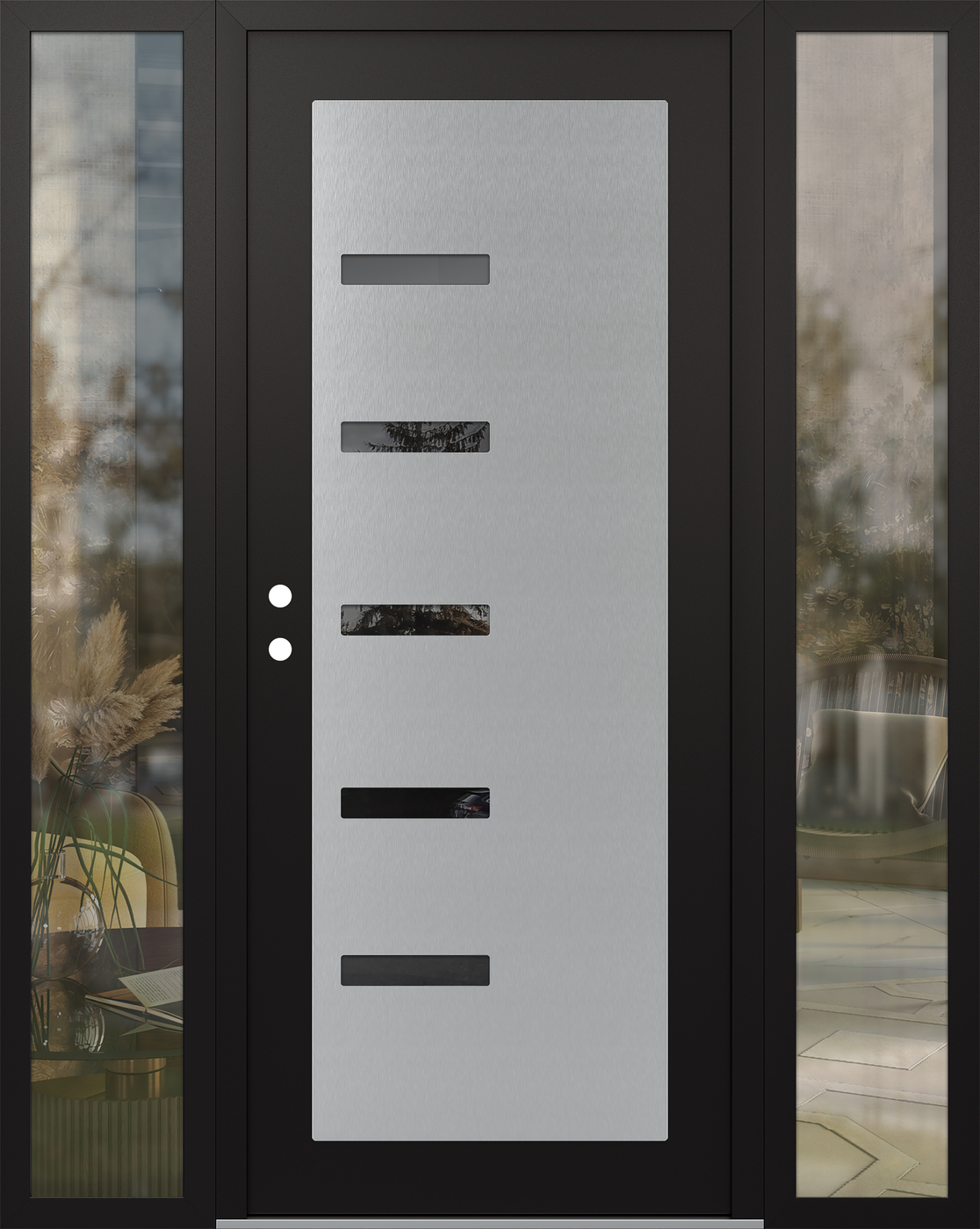 Modern Steel Front Door Diamond C8 60" x 80" black/black mirrored Glass Panel stainless steel RHI with 2 Sidelites clear Glass