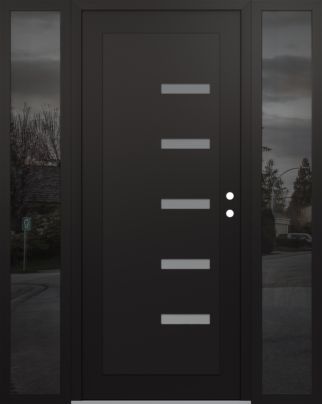 Modern Steel Front Door Diamond C8 60" x 80" black/white frosted Glass Panel black LHI with 2 Sidelites mirrored Glass