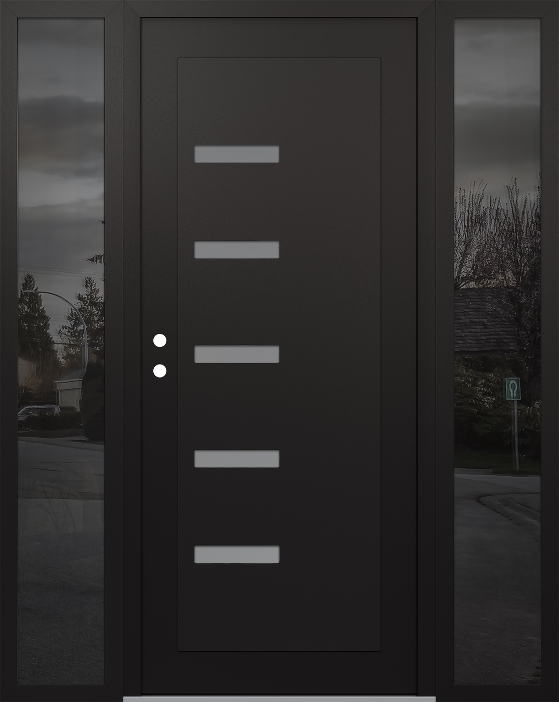 Modern Steel Front Door Diamond C8 60" x 80" black/white frosted Glass Panel black RHI with 2 Sidelites mirrored Glass