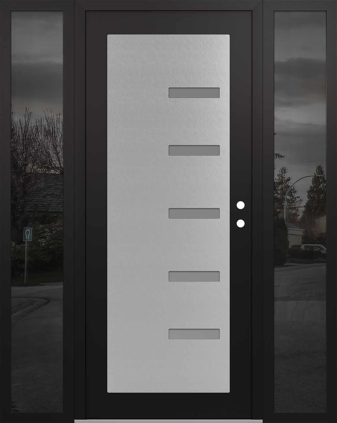 Modern Steel Front Door Diamond C8 60" x 80" black/white frosted Glass Panel stainless steel LHI with 2 Sidelites mirrored Glass