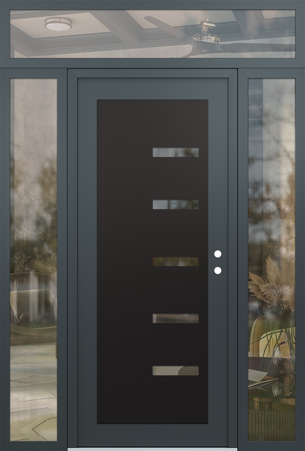 Modern Steel Front Door Diamond C8 60" x 96" anthracite/anthracite clear Glass Panel black LHI with 2 Sidelites and Transom clear Glass