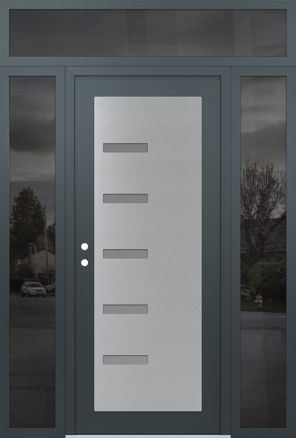 Modern Steel Front Door Diamond C8 60" x 96" anthracite/anthracite frosted Glass Panel stainless steel RHI with 2 Sidelites and Transom mirrored Glass