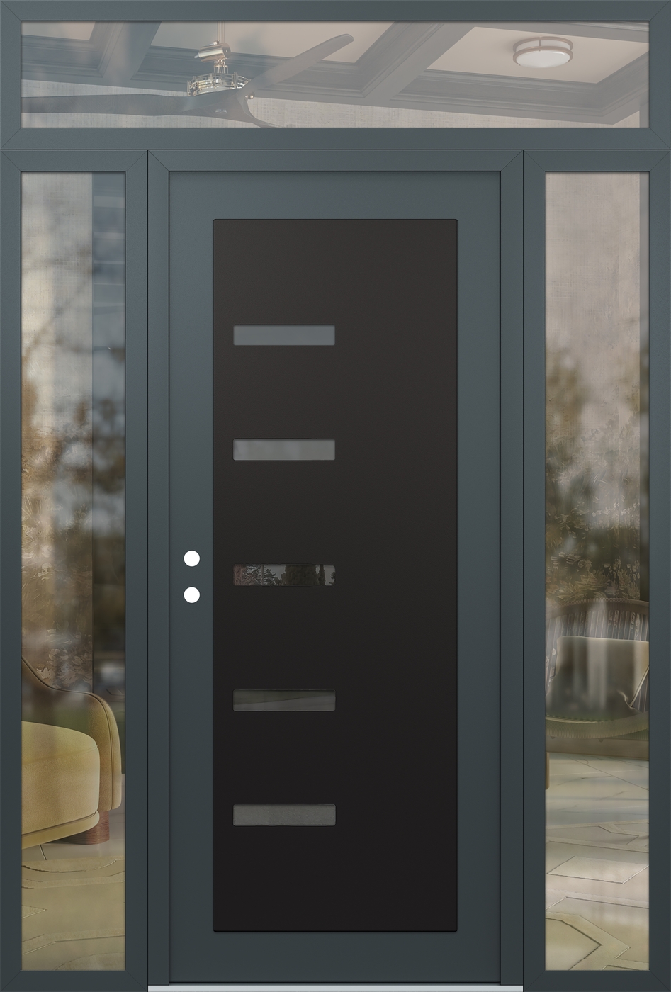 Modern Steel Front Door Diamond C8 60" x 96" anthracite/anthracite mirrored Glass Panel black RHI with 2 Sidelites and Transom clear Glass